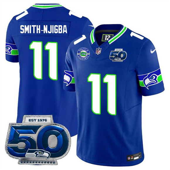 Men's Seattle Seahawks #11 Jaxon Smith-Njigba Royal 2025 F.U.S.E 50th Season Patch Throwback Vapor Limited Football Stitched Jersey