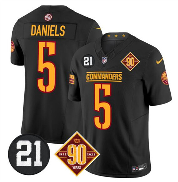Men's Washington Commanders #5 Jayden Daniels Black F.U.S.E. 90th & Sean Taylor Patch Vapor Limited Football Stitched Jersey