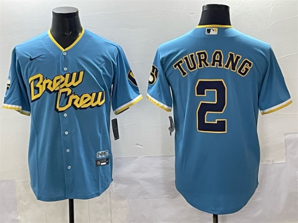 Men's Milwaukee Brewers #2 Brice Turang Powder Blue City Connect Cool Base Stitched Jersey