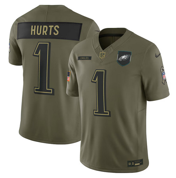 Men's Philadelphia Eagles #1 Jalen Hurts Olive 2025 Salute to Service Limited Football Stitched Jersey