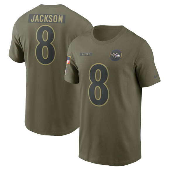 Men's Baltimore Ravens #8 Lamar Jackson Olive 2025 Salute to Service Name & Number T-Shirt