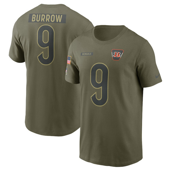 Men's Cincinnati Bengals #9 Joe Burrow Olive 2025 Salute to Service Name & Number T-Shirt