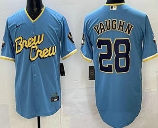 Men's Milwaukee Brewers #28 Andrew Vaughn Powder Blue 2022 City Connect Cool Base Jersey
