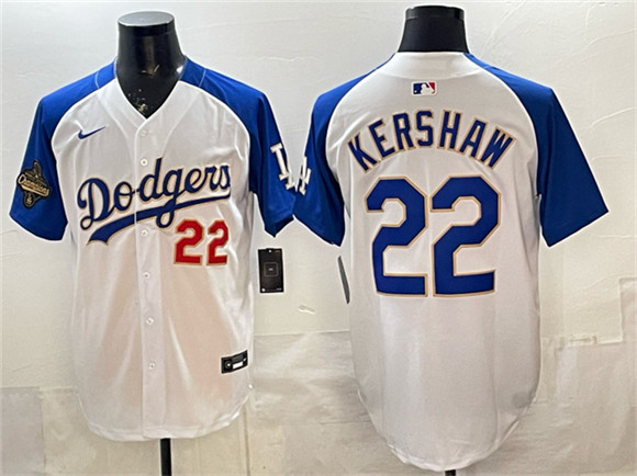 Men's Los Angeles Dodgers #22 Clayton Kershaw White Royal 2025 World Series Champions Patch Limited Stitched Baseball Jersey