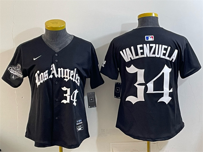 Youth Los Angeles Dodgers #34 Fernando Valenzuela Black 2025 World Series Champions LA Gothic Edition Limited Stitched Baseball Jersey