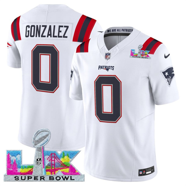 Men's New England Patriots #0 Christian Gonzalez White 2025 F.U.S.E. Super Bowl LX Patch Vapor Limited Football Stitched Jersey