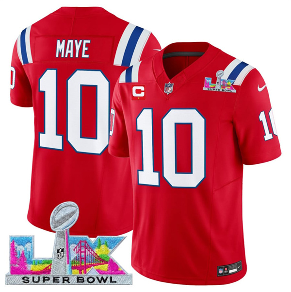 Men's New England Patriots #10 Drake Maye Red 2025 F.U.S.E. Super Bowl LX Patch And 1-Star C Patch Vapor Limited Football Stitched Jersey