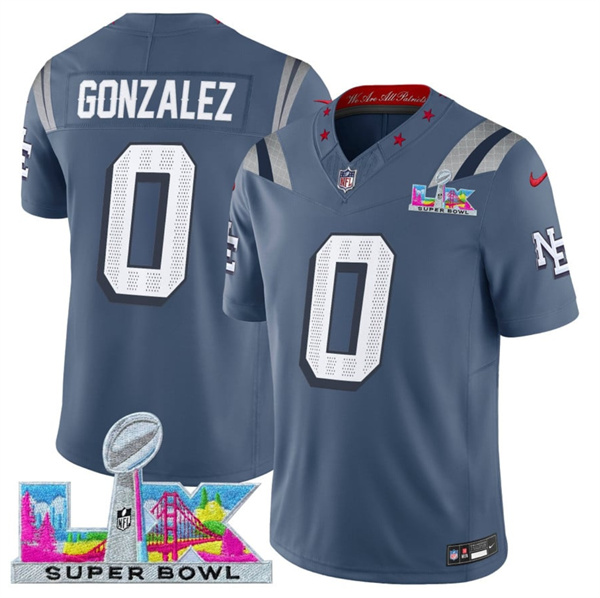 Men's New England Patriots #0 Christian Gonzalez Storm Blue 2025 F.U.S.E. Super Bowl LX Patch “Rivalries” Vapor Limited Football Stitched Jersey