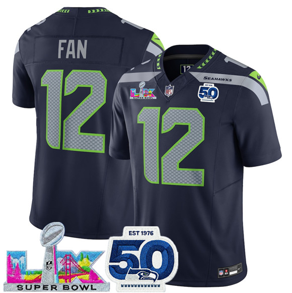 Men's Seattle Seahawks #12 Fan Navy 2025 F.U.S.E. Super Bowl LX Patch And 50th Season Patch Vapor Limited Football Stitched Jersey