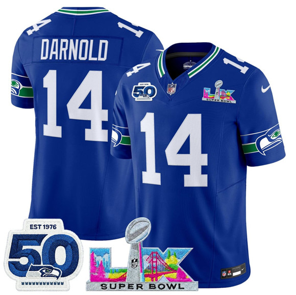 Men's Seattle Seahawks #14 Sam Darnold Royal 2025 F.U.S.E. Super Bowl LX Patch And 50th Season Patch Vapor Throwback Limited Football Stitched Jersey