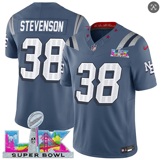 Men's New England Patriots #38 Rhamondre Stevenson Storm Blue 2025 F.U.S.E. Super Bowl LX Patch “Rivalries” Vapor Limited Football Stitched Jersey