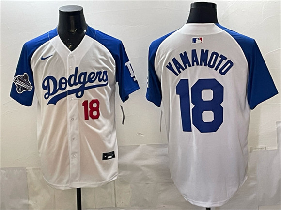 Men's Los Angeles Dodgers #18 Yoshinobu Yamamoto White Royal 2025 World Series Limited Stitched Baseball Jersey