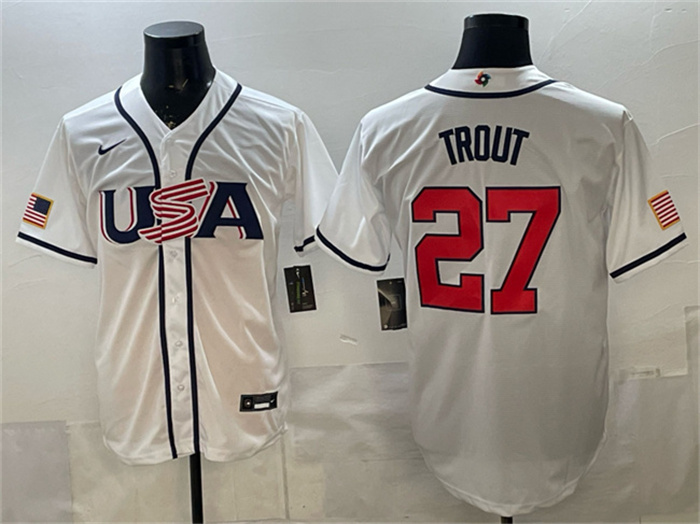 Men's USA Baseball #27 Mike Trout White 2026 World Baseball Classic Home Stadium Stitched Jersey