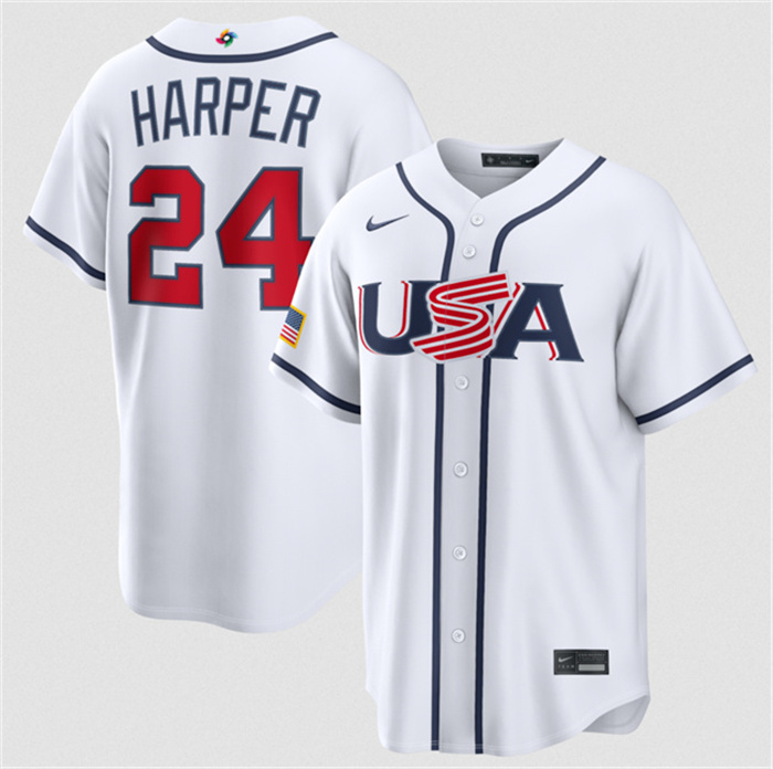 Men's USA Baseball #24 Bryce Harper White 2026 World Baseball Classic Home Stadium Stitched Jersey