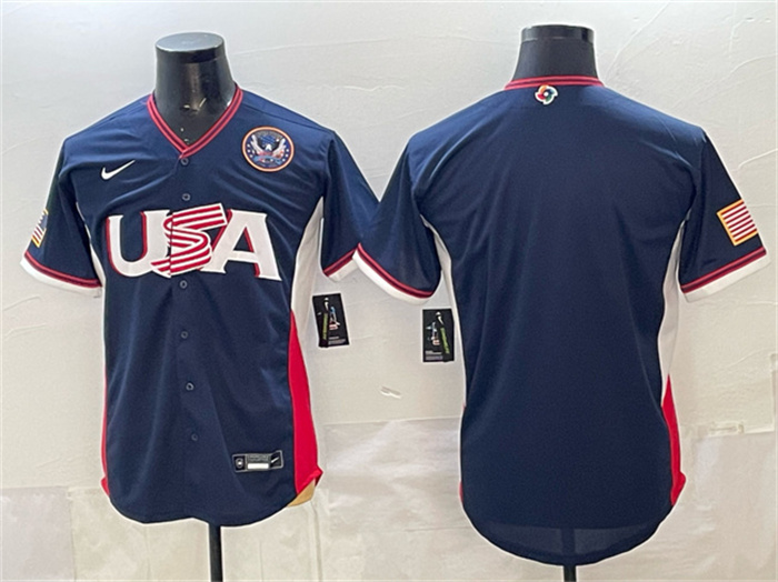 Men's USA Baseball Blank Navy 2026 World Baseball Classic United States 250th Anniversary Patch Road Stadium Stitched Jersey