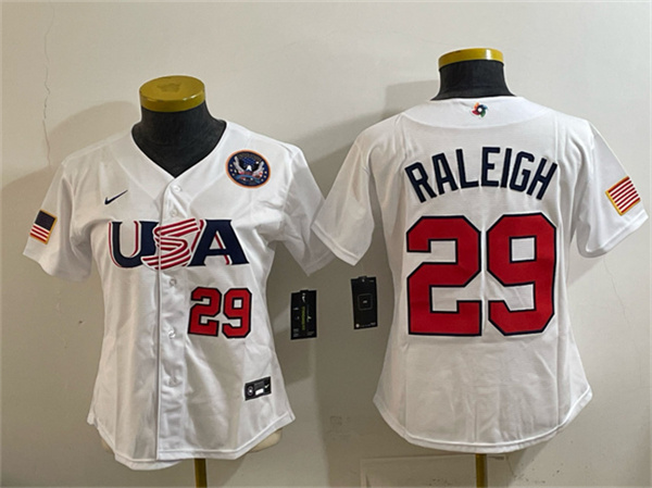 Women's USA Baseball #29 Cal Raleigh White 2026 World Baseball Classic United States 250th Anniversary Patch Stadium Stitched Baseball Jersey(Run Small)