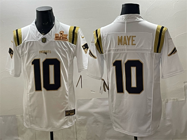 Men's New England Patriots #10 Drake Maye White Gold 2025 F.U.S.E. Super Bowl LX Patch Vapor Limited Stitched Football Jersey