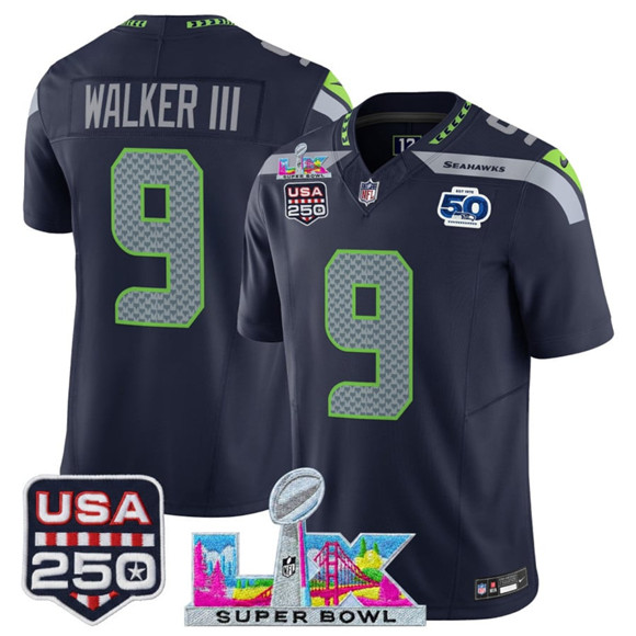 Men's Seattle Seahawks #9 Kenneth Walker III Navy 2025 F.U.S.E. Super Bowl LX Patch And 50th Season & USA 250' Patch Vapor Limited Football Stitched Jersey