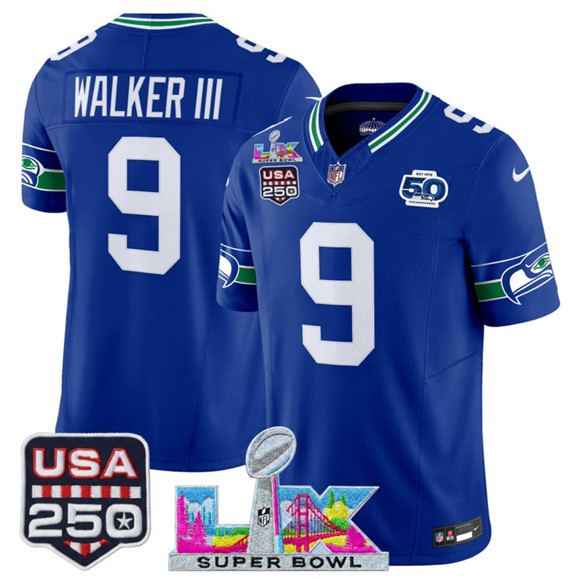 Men's Seattle Seahawks #9 Kenneth Walker III Royal 2025 F.U.S.E. Super Bowl LX Patch And 50th Season & USA 250' Patch Vapor Throwback Limited Football Stitched Jersey