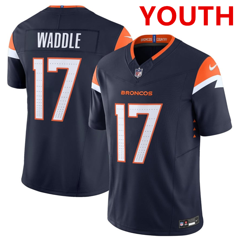 Youth Denver broncos #17 Jaylen Waddle navy 2026 f.u.s.e vapor untouchable limited stitched jersey