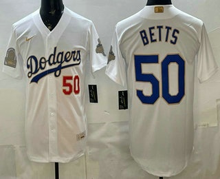 Men's Los Angeles Dodgers #50 Mookie Betts White Gold World Series Champions Collection Limited Jersey