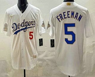 Men's Los Angeles Dodgers #5 Freddie Freeman White Gold World Series Champions Collection Limited Jersey