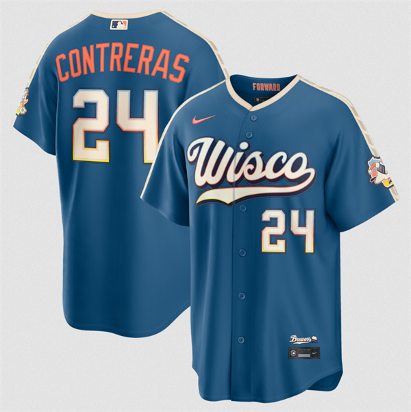 Men's Milwaukee Brewers #24 William Contreras Mineral Blue 2026 City Connect Stadium Stitched Stitched Baseball Jersey