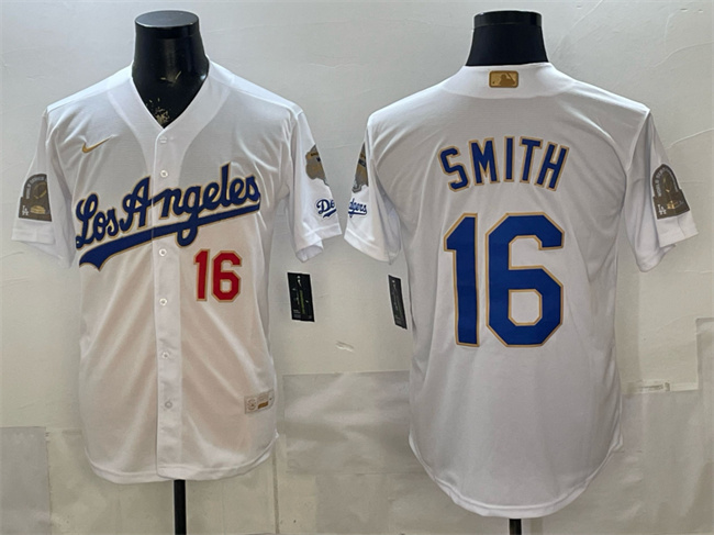 Men's Los Angeles Dodgers #16 Will Smith White 2026 Gold Collection 9x & B2B Champs Patch Stitched Baseball Jersey