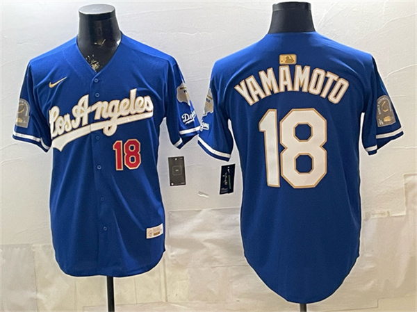 Men's Los Angeles Dodgers #18 Yoshinobu Yamamoto Royal 2026 Gold Collection 9x & B2B Champs Patch Stitched Baseball Jersey