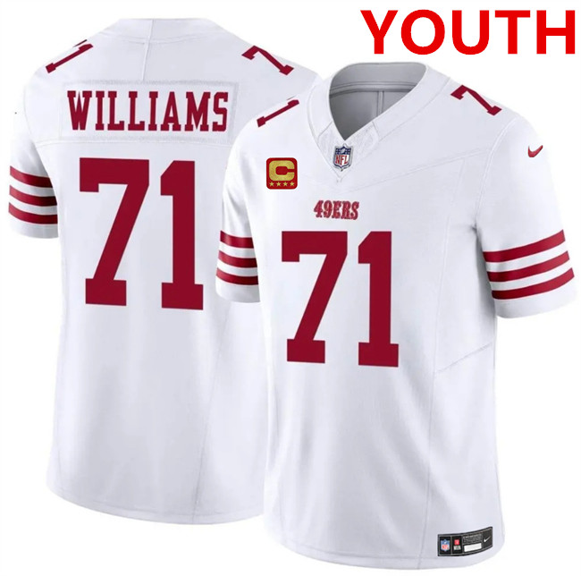 Youth san francisco 49ers #71 trent williams white 2025 f.u.s.e. with 4-star c patch vapor untouchable limited stitched football jersey