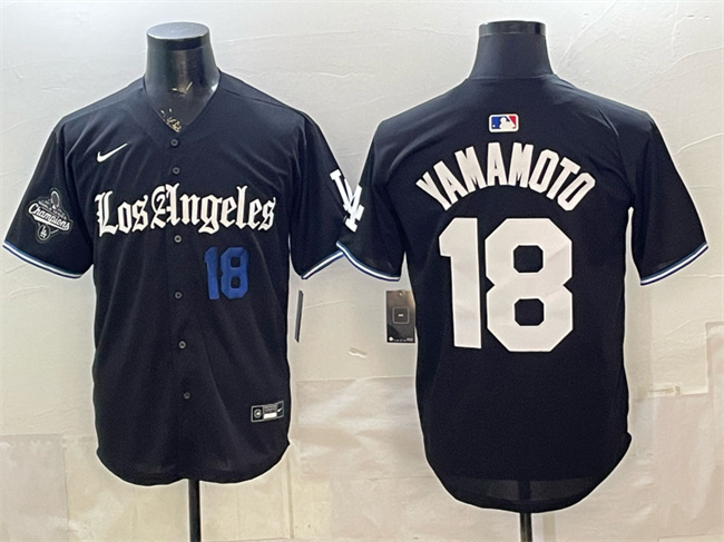 Men's Los Angeles Dodgers #18 Yoshinobu Yamamoto Black 2025 World Series Champions Patch 'Gothic Edition' Vapor Premier Limited Stitched Baseball Jersey
