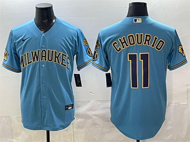 Men's Milwaukee Brewers #11 Jackson Chourio Blue With Home & Bob Uecker Patch Stitched Baseball Jersey