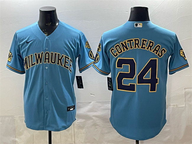 Men's Milwaukee Brewers #24 William Contreras Blue With Home & Bob Uecker Patch Stitched Baseball Jersey
