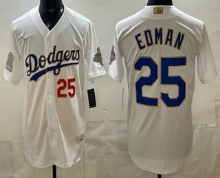 Men's Los Angeles Dodgers #25 Tommy Edman White 2026 Gold Back To Back World Champions Collection Stadium Jersey