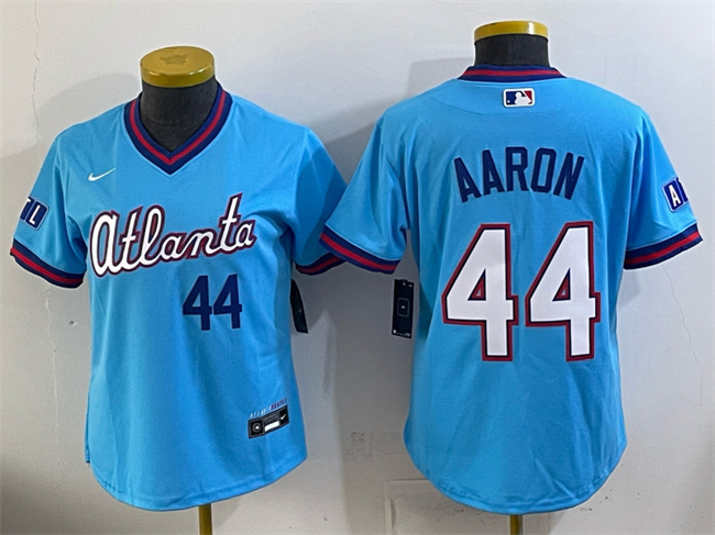 Women's Atlanta Braves #44 Hank Aaron Powder Blue 2026 City Connect Stadium Stitched Baseball Jersey(Run Small)