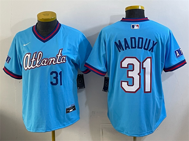 Women's Atlanta Braves #31 Greg Maddux Powder Blue 2026 City Connect Stadium Stitched Baseball Jersey(Run Small)