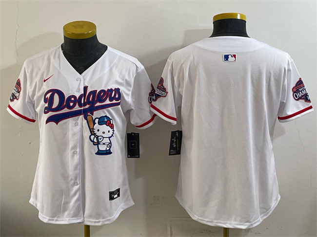 Women's Los Angeles Dodgers Blank White Hello Kitty Night 2025 World Series Champions Patch Stitched Baseball Jersey(Run Small)