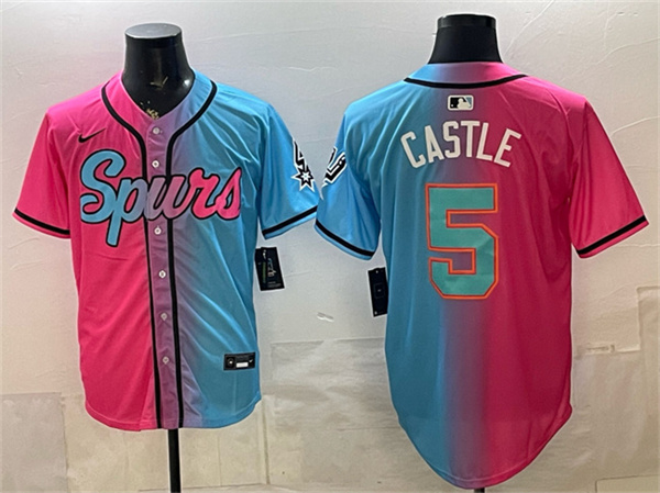 Men's San Antonio Spurs #5 Stephon Castle Pink Blue Limited Stitched Baseball Jersey
