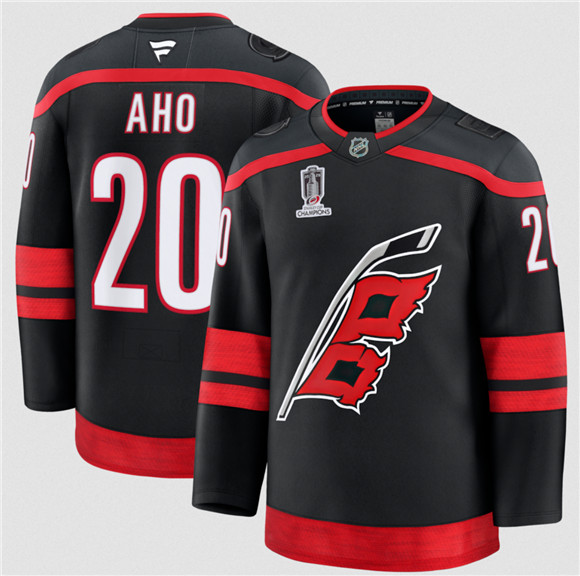 Men's Carolina Hurricanes #20 Sebastian Aho Black 2026 Stanley Cup Champions Home Stitched Jersey