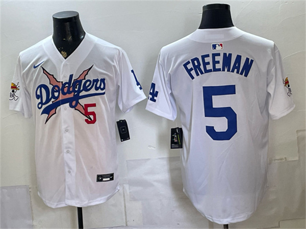 Men's Los Angeles Dodgers x One Piece #5 Freddie Freeman White Vapor Premier Limited Stitched Baseball Jersey