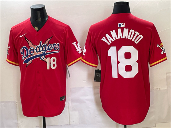 Men's Los Angeles Dodgers x One Piece #18 Yoshinobu Yamamoto Red Vapor Premier Limited Stitched Baseball Jersey