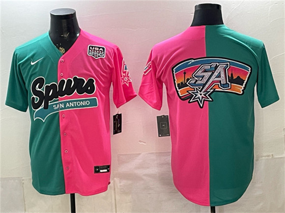 Men's San Antonio Spurs Team Big Logo Teal Pink Split USA 250' Patch Stitched Baseball Jersey