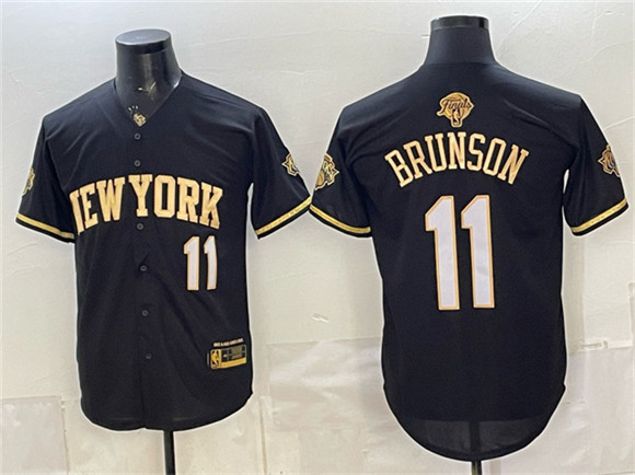 Men's New York Knicks #11 Jalen Brunson Black Gold 2026 Finals Patch Stitched Baseball Jersey