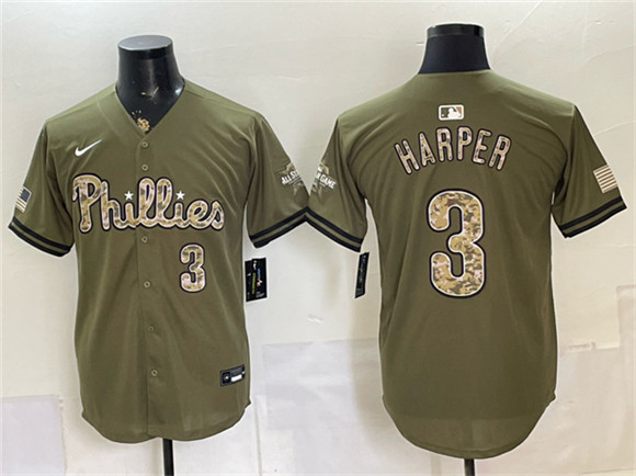 Men's Philadelphia Phillies #3 Bryce Harper Olive 2026 Armed Forces Day Stitched Jersey