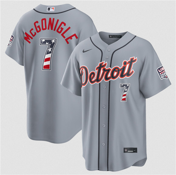 Men's Detroit Tigers #7 Kevin McGonigle Gray 2026 USA 250 Fourth of July Stitched Baseball Jersey