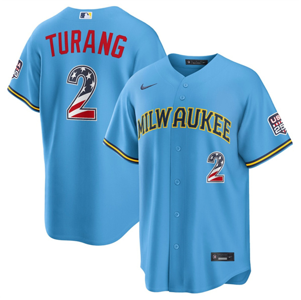 Men's Milwaukee Brewers #2 Brice Turang Blue 2026 USA 250 Fourth of July Home Stadium Stitched Baseball Jersey
