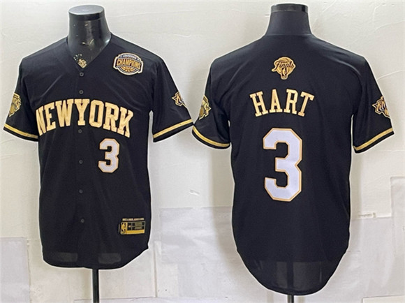 Men's New York Knicks #3 Josh Hart Black Gold 2026 Finals & Eastern Conference Champions Patch Stitched Baseball Jersey