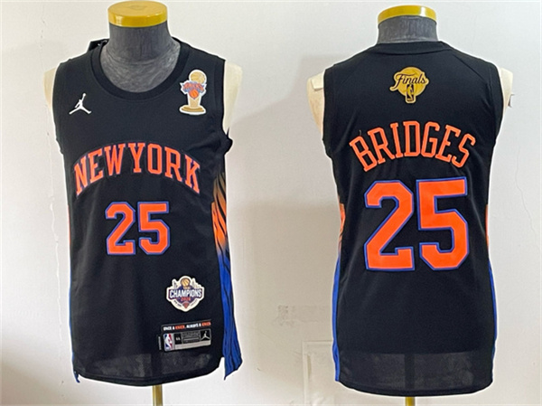 Men's New Yok Knicks #25 Mikal Bridges Black 2026 Finals Champions Patch Statement Edition Stitched Jersey